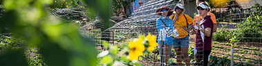 Women standing in garden.